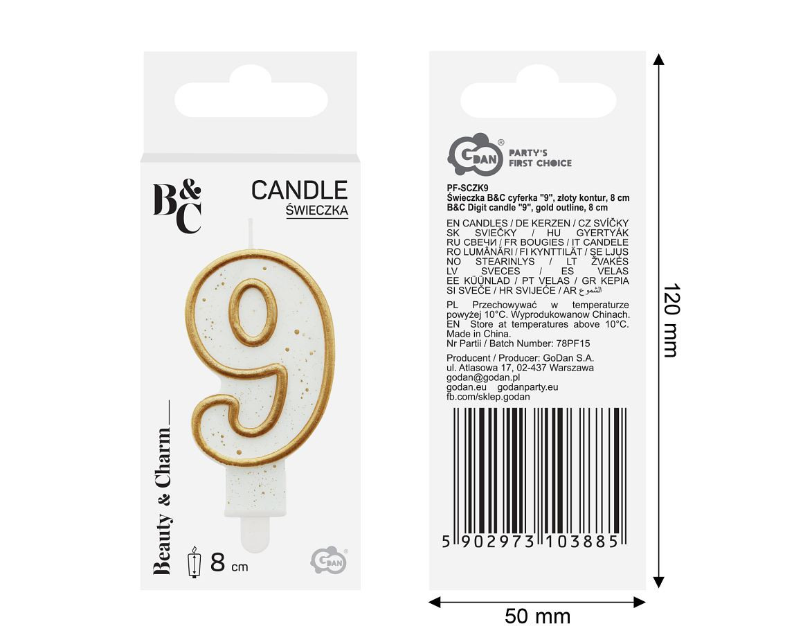 Digit candle "9", gold outline, 8 cm